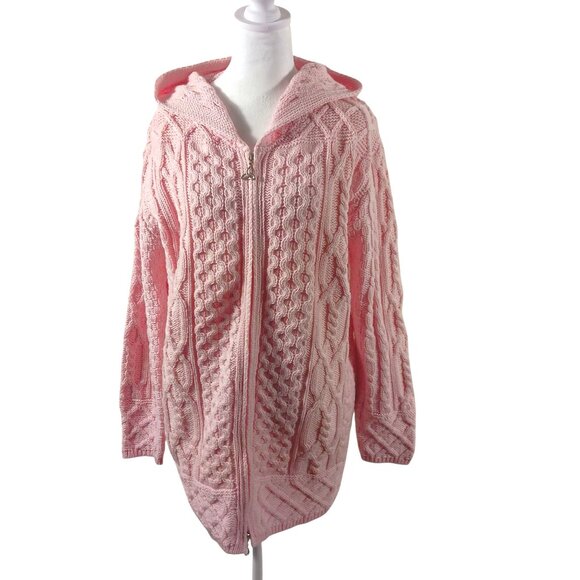 Aran Crafts Sweaters - Aran Crafts Ireland, Medium, Pink Chunky Knit Merino Wool Long Hooded Cardigan